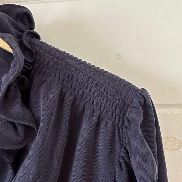 REBECCA TAYLOR Slit V-Neck Navy Long Sleeve Blouse Flattering Romantic Ruffles - Picture 6 of 13